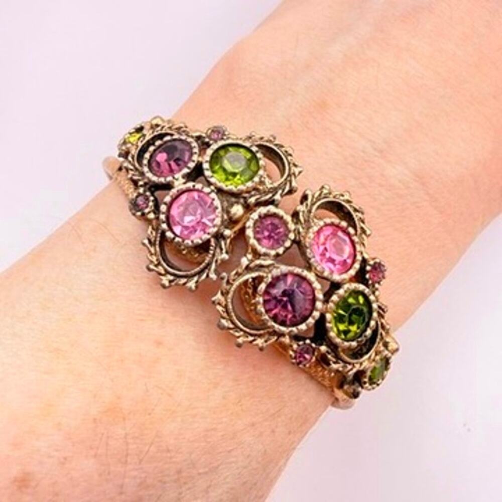 SARAH COVENTRY Austrian Lites Clamper Bracelet Pink Purple Green Rhinestones